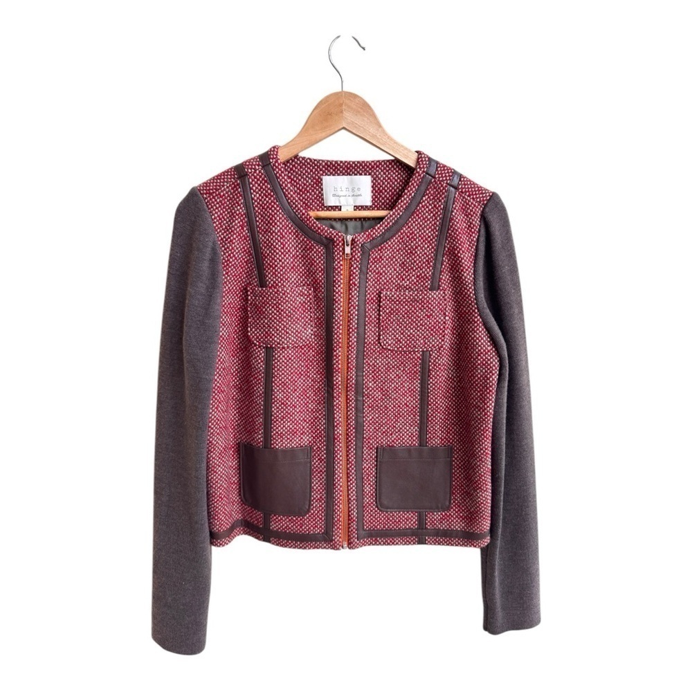 Hinge Red Brown Tweed Full Zip Long Sleeve Round Neck Womens Size M Knit Blazer